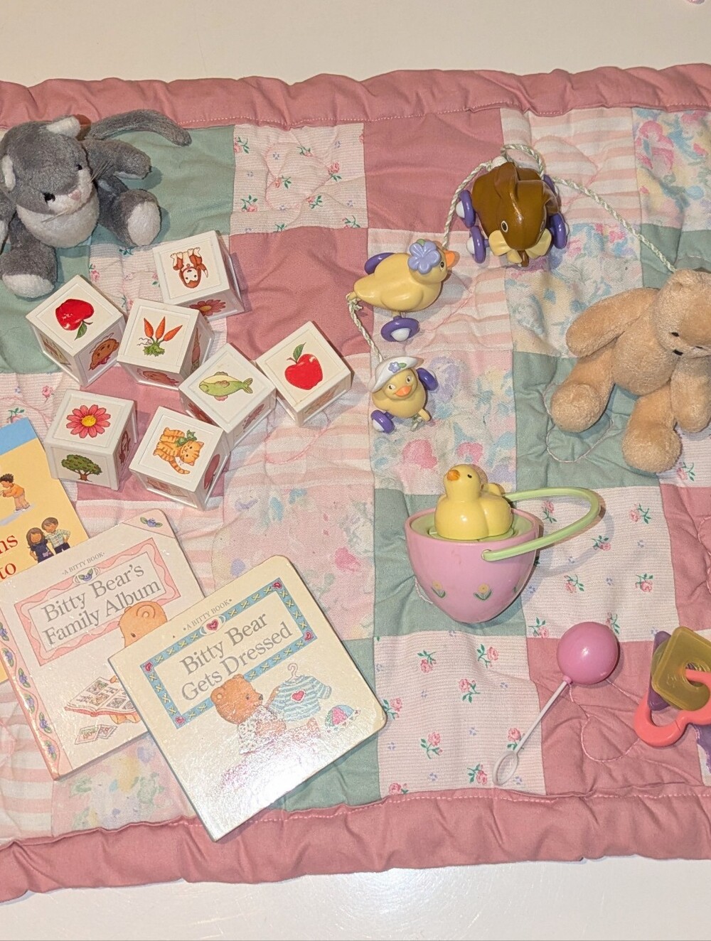 American Girl Pleasant Company Bitty Baby Toy & Book Lot on Handmade Quilt